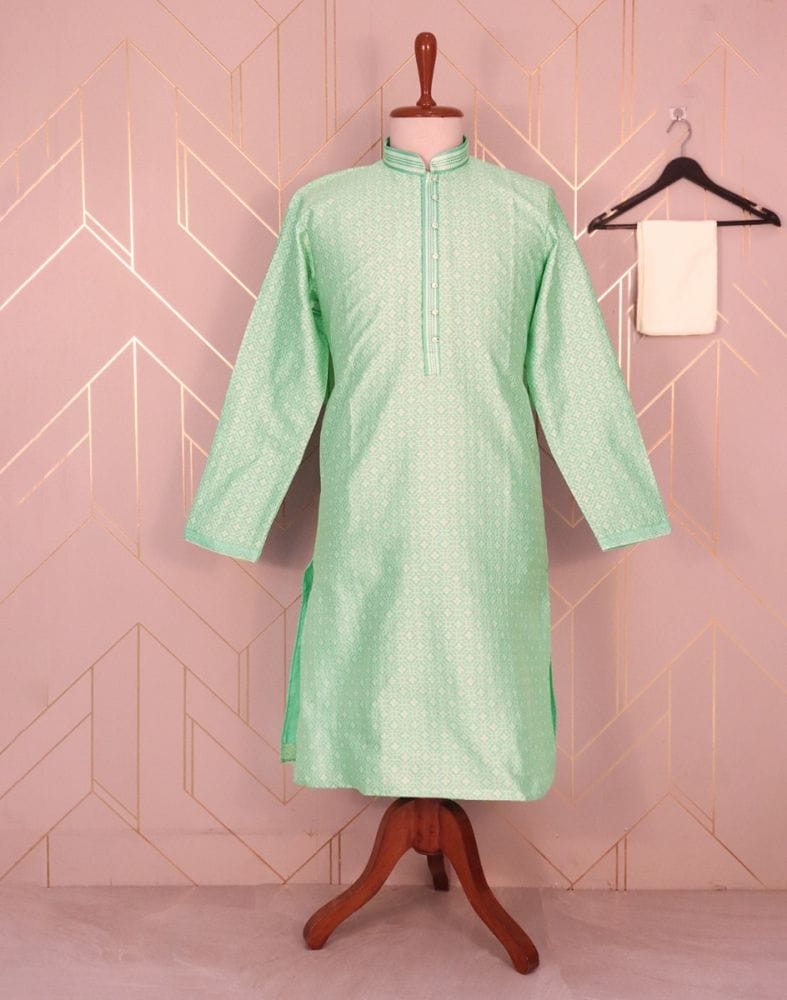 Collection of Firozi Coloured Self Design Jacquard Weave Kurta Pyjama Set in a gallery layout