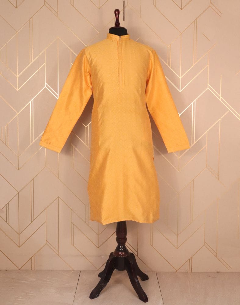 Collection of Yellow Self Design Jacquard Weave Kurta Pyjama Set in a gallery layout