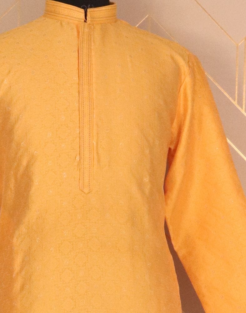 Yellow Self Design Jacquard Weave Kurta Pyjama Set