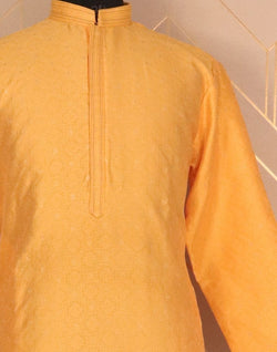 Collection of Yellow Self Design Jacquard Weave Kurta Pyjama Set in a gallery layout