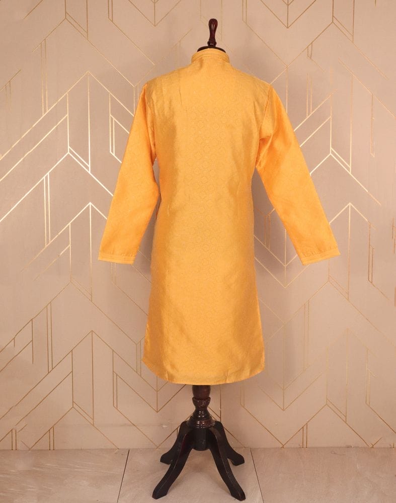 Collection of Yellow Self Design Jacquard Weave Kurta Pyjama Set in a gallery layout