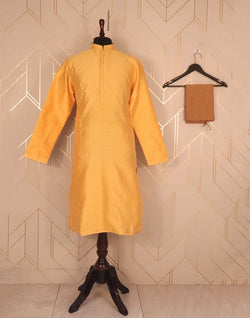 Collection of Yellow Self Design Jacquard Weave Kurta Pyjama Set in a gallery layout