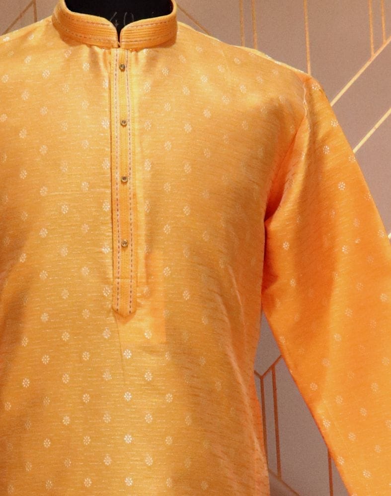 Mustard Floral Weave Raw Silk Kurta Pyjama Set