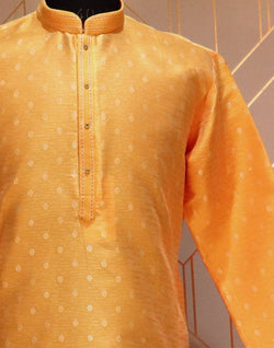 Collection of Mustard Floral Weave Raw Silk Kurta Pyjama Set in a gallery layout