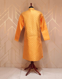 Collection of Mustard Floral Weave Raw Silk Kurta Pyjama Set in a gallery layout