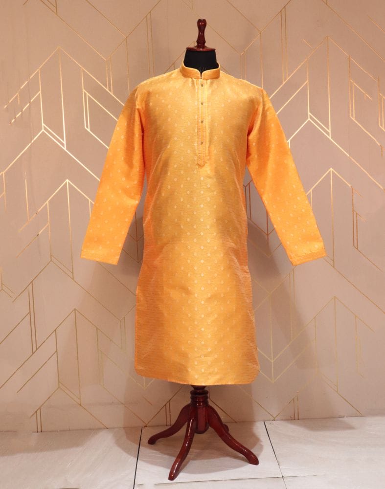 Mustard Floral Weave Raw Silk Kurta Pyjama Set