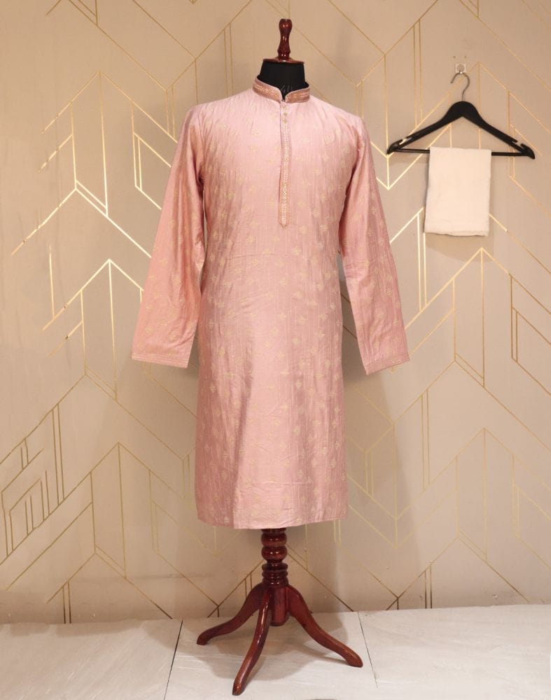 Pink Coloured Floral Weave Raw Silk Kurta Pyjama Set