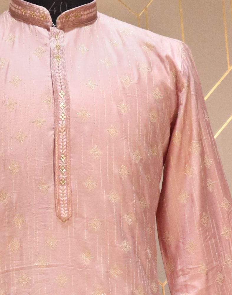 Collection of Pink Coloured Floral Weave Raw Silk Kurta Pyjama Set in a gallery layout