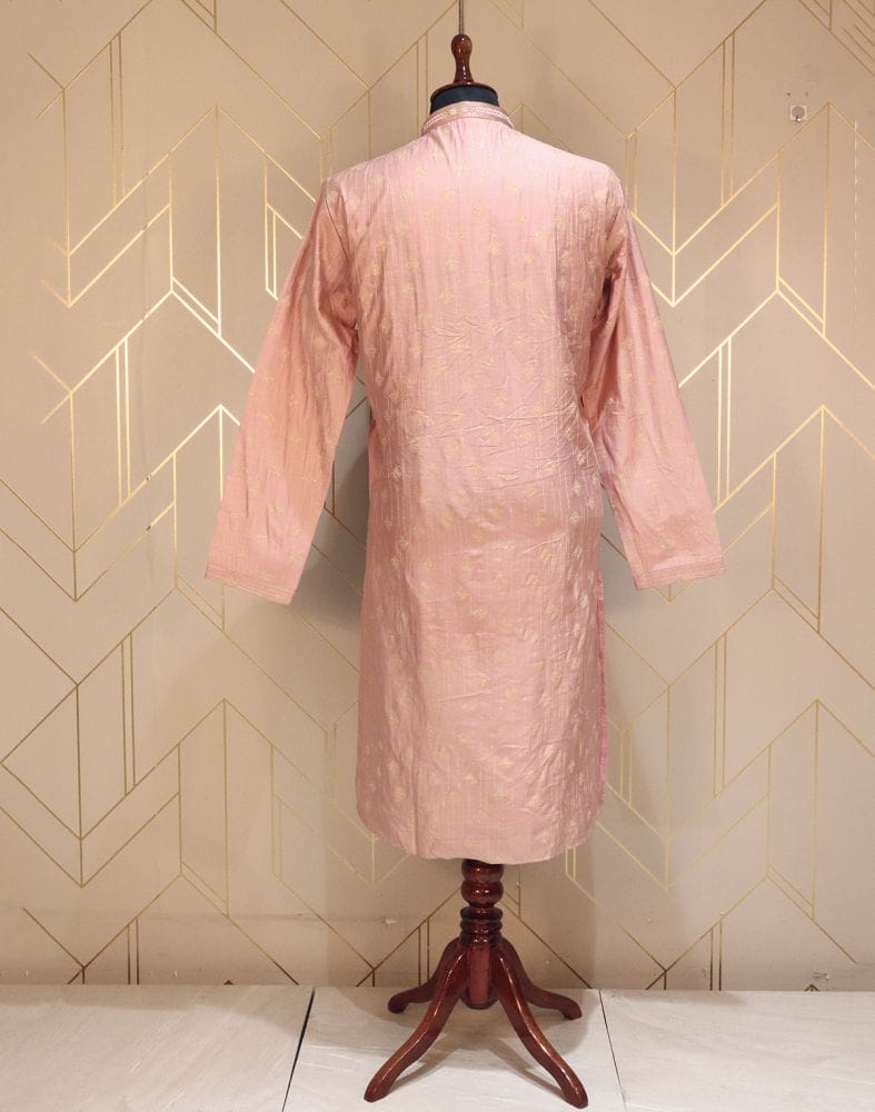 Collection of Pink Coloured Floral Weave Raw Silk Kurta Pyjama Set in a gallery layout