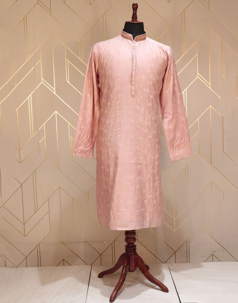 Pink Coloured Floral Weave Raw Silk Kurta Pyjama Set