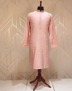 Collection of Pink Coloured Floral Weave Raw Silk Kurta Pyjama Set in a gallery layout