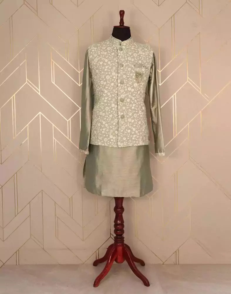 Mehendi Green Plain Raw Silk Kurta Jacket Set