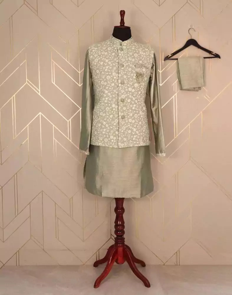 Collection of Mehendi Green Plain Raw Silk Kurta Jacket Set in a gallery layout