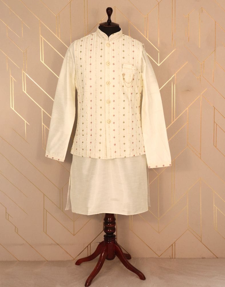 Collection of Cream Coloured Plain Raw Silk Kurta Jacket Set in a gallery layout