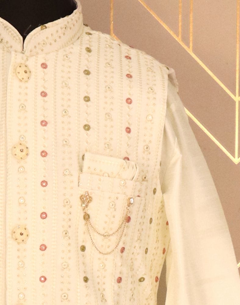 Collection of Cream Coloured Plain Raw Silk Kurta Jacket Set in a gallery layout