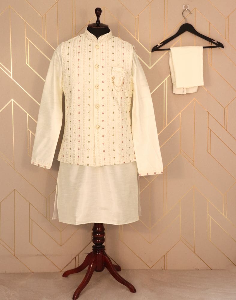 Collection of Cream Coloured Plain Raw Silk Kurta Jacket Set in a gallery layout