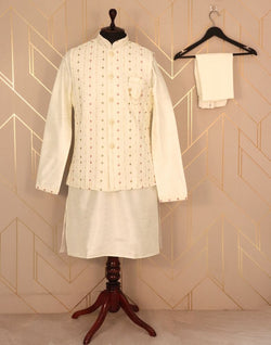 Collection of Cream Coloured Plain Raw Silk Kurta Jacket Set in a gallery layout