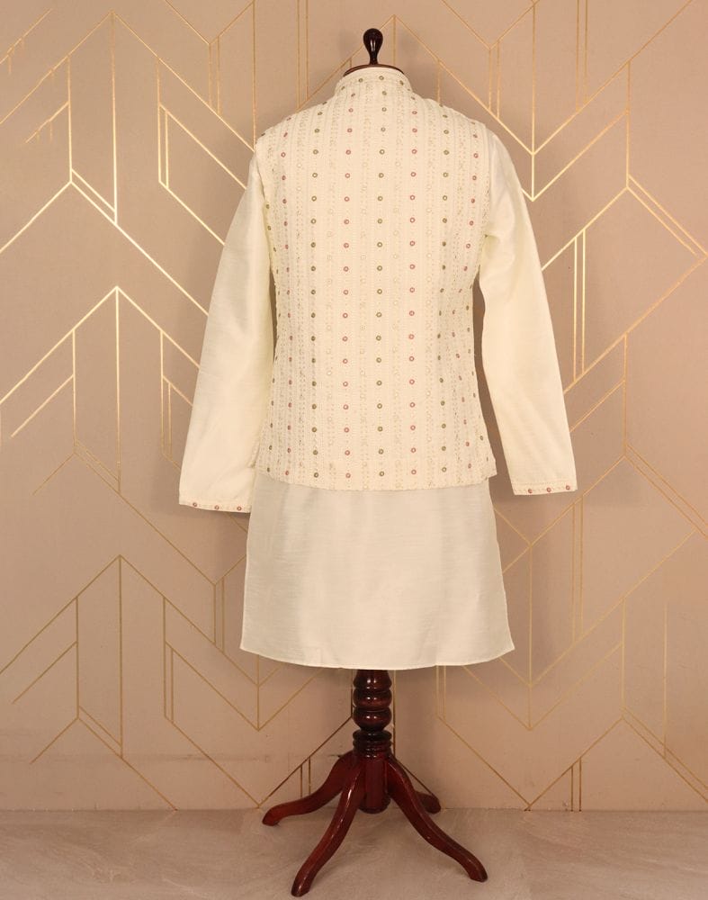 Collection of Cream Coloured Plain Raw Silk Kurta Jacket Set in a gallery layout