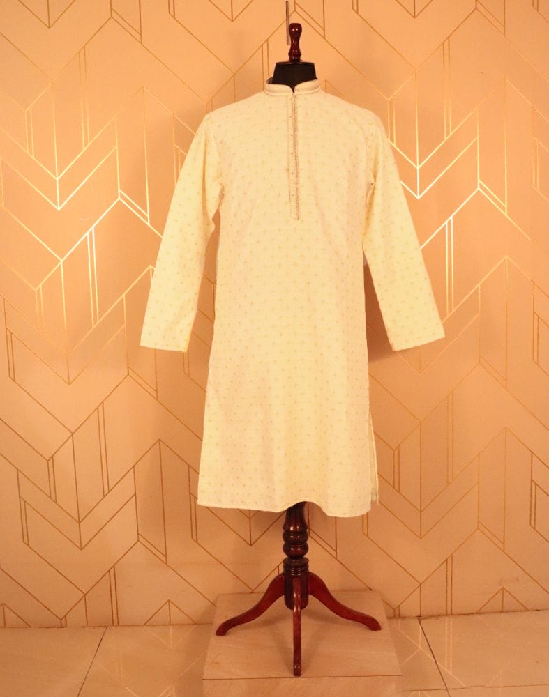 Collection of Cream colour Butta design Raw Silk Kurta Pyjama Set in a gallery layout