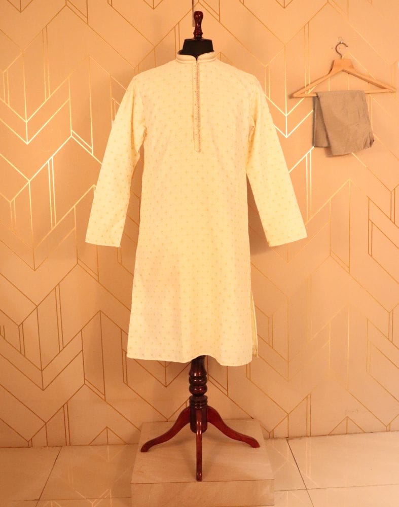 Collection of Cream colour Butta design Raw Silk Kurta Pyjama Set in a gallery layout