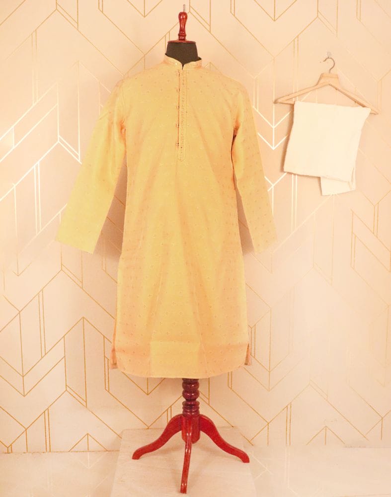 Collection of Cream Floral Butta Raw Silk Kurta Pyjama Set in a gallery layout