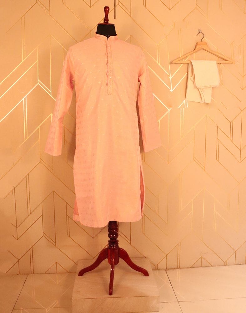 Collection of Peach Floral Butta Raw Silk Kurta Pyjama Set in a gallery layout