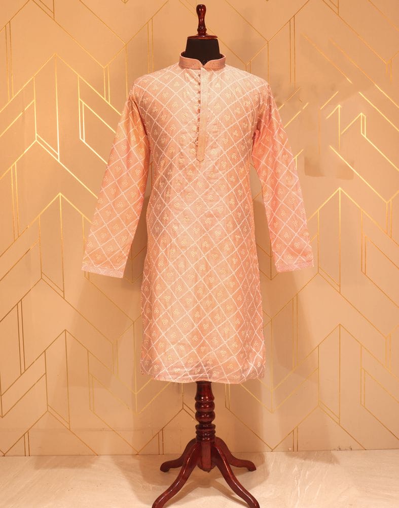 Collection of Peach Geometric Mica Print Paper Silk Kurta Pyjama Set in a gallery layout