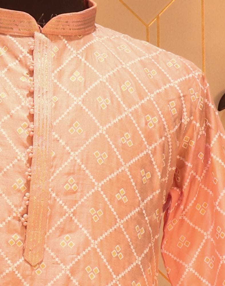 Collection of Peach Geometric Mica Print Paper Silk Kurta Pyjama Set in a gallery layout