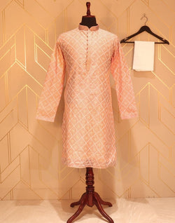 Collection of Peach Geometric Mica Print Paper Silk Kurta Pyjama Set in a gallery layout