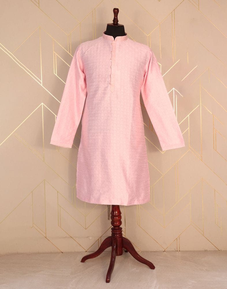 Collection of Pink Colour Self Design Jacquard Weave Kurta Pyjama Set in a gallery layout