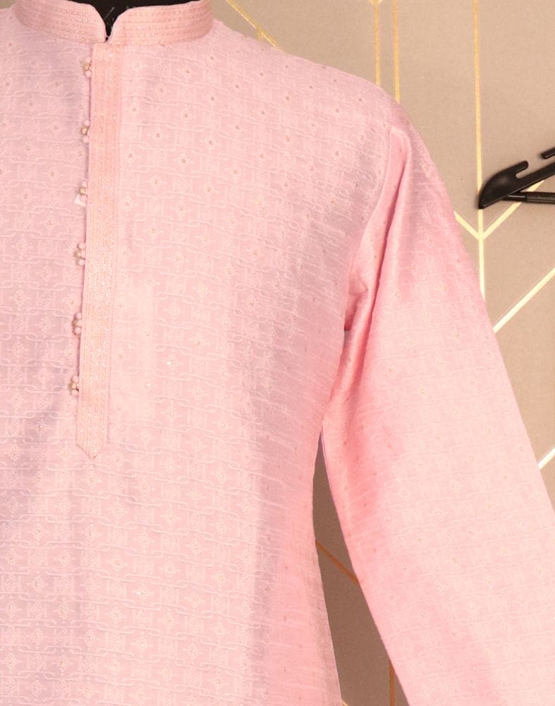 Pink Colour Self Design Jacquard Weave Kurta Pyjama Set