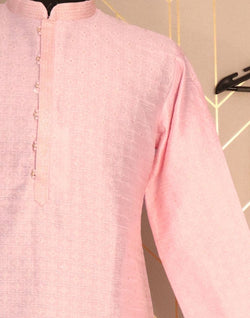 Collection of Pink Colour Self Design Jacquard Weave Kurta Pyjama Set in a gallery layout