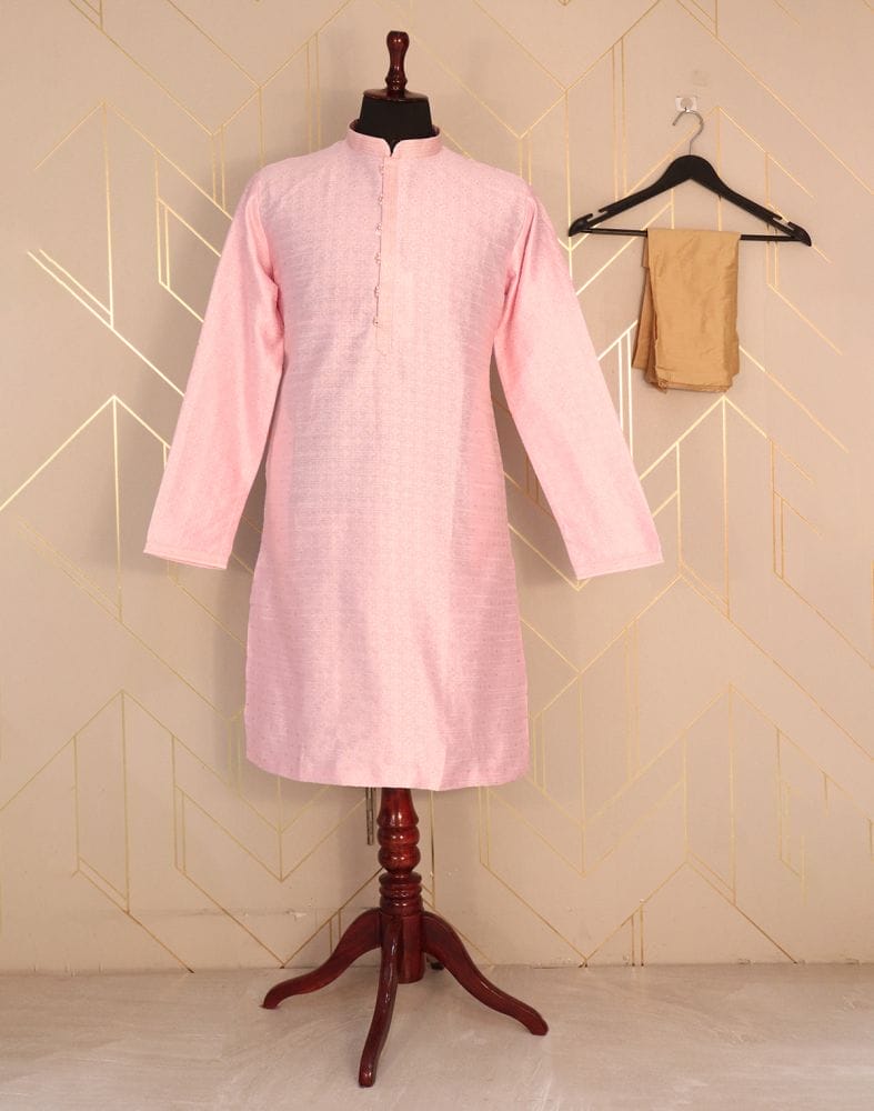 Collection of Pink Colour Self Design Jacquard Weave Kurta Pyjama Set in a gallery layout