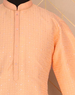 Collection of Peach Self Design Jacquard Weave Kurta Pyjama Set in a gallery layout