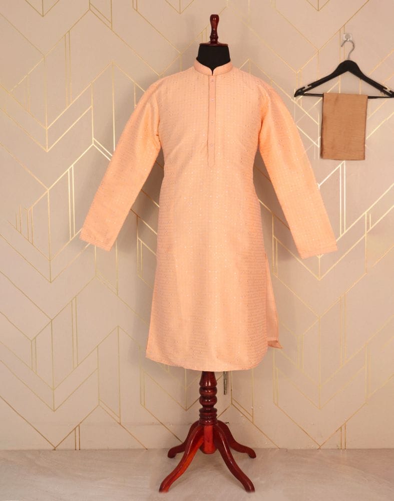 Collection of Peach Self Design Jacquard Weave Kurta Pyjama Set in a gallery layout