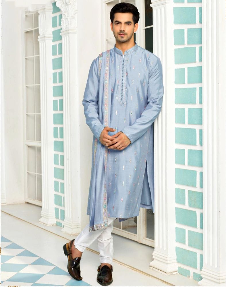 Traditional Grey Coloured Embroidery work Kurta Pyjama Set with Dupatta