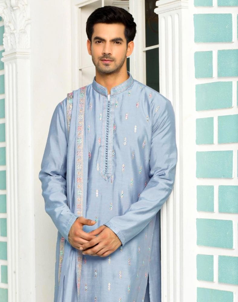 Collection of Traditional Grey Coloured Embroidery work Kurta Pyjama Set with Dupatta in a gallery layout