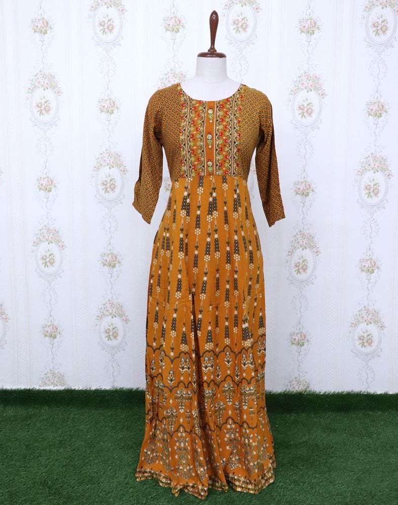 Mustard Floral Rayon Embroidery Kurti