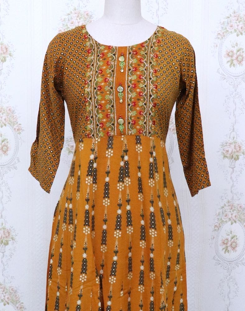 Collection of Mustard Floral Rayon Embroidery Kurti in a gallery layout