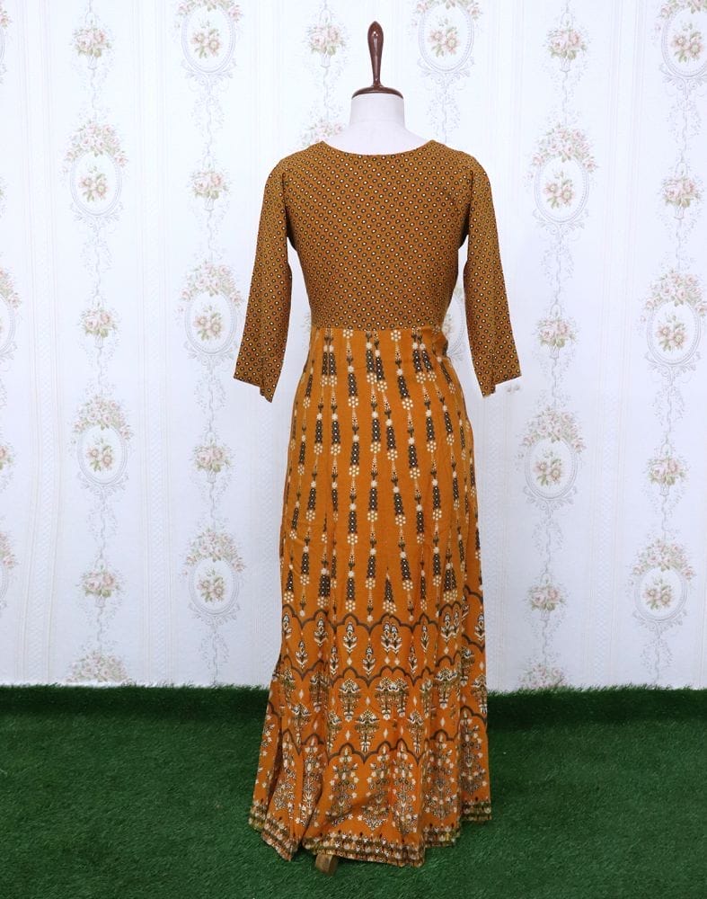 Collection of Mustard Floral Rayon Embroidery Kurti in a gallery layout