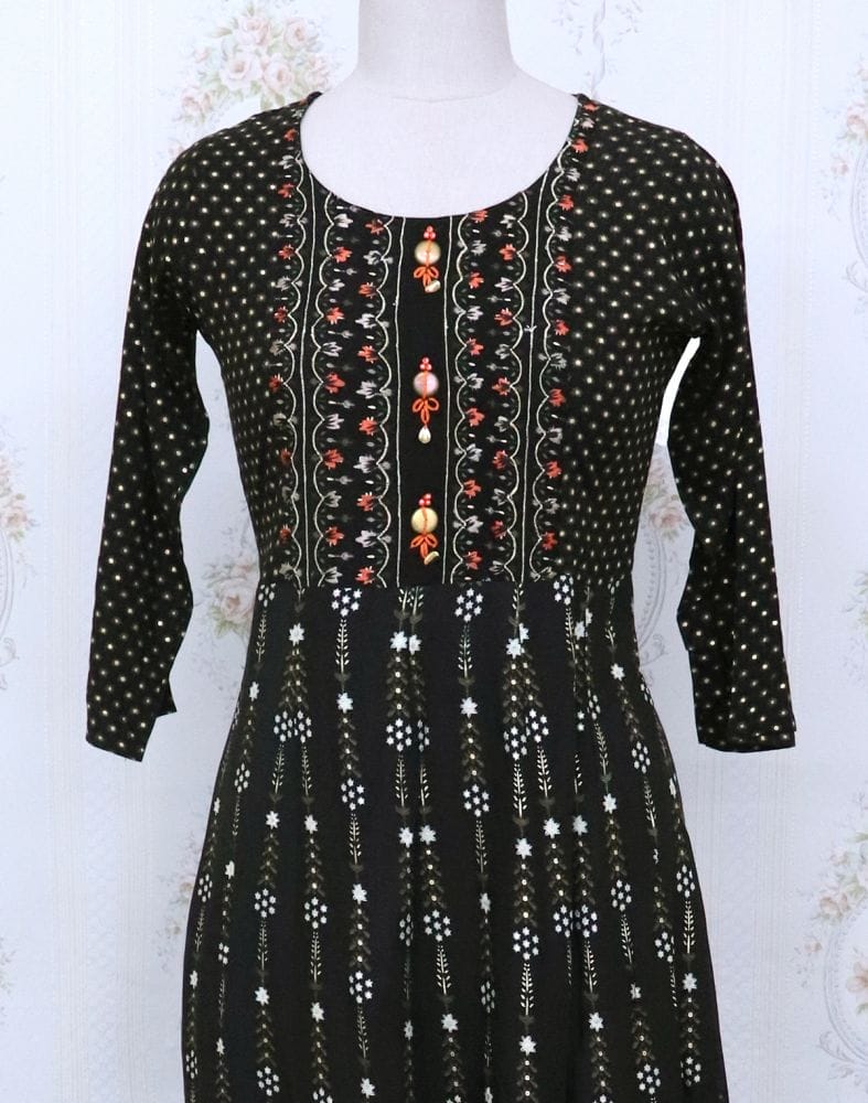 Black Floral Cotton Silk Embroidery Kurti