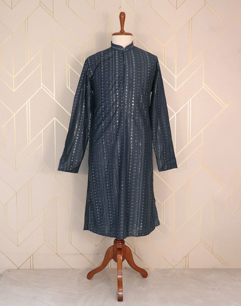 Collection of Blue Striped Raw Silk Embellished work Kurta Pyjama Set in a gallery layout