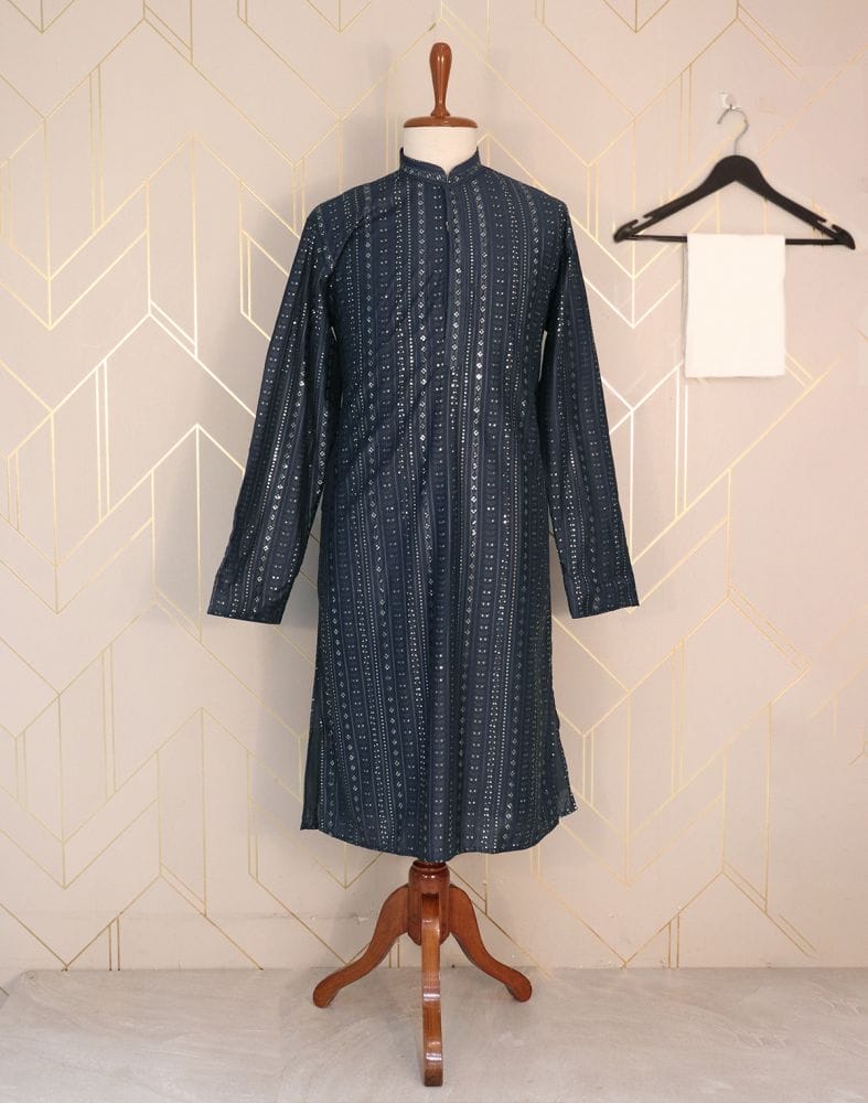 Collection of Blue Striped Raw Silk Embellished work Kurta Pyjama Set in a gallery layout