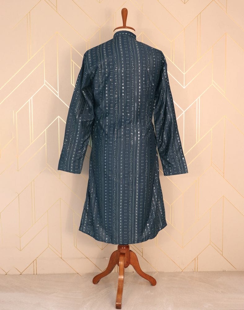 Blue Striped Raw Silk Embellished work Kurta Pyjama Set