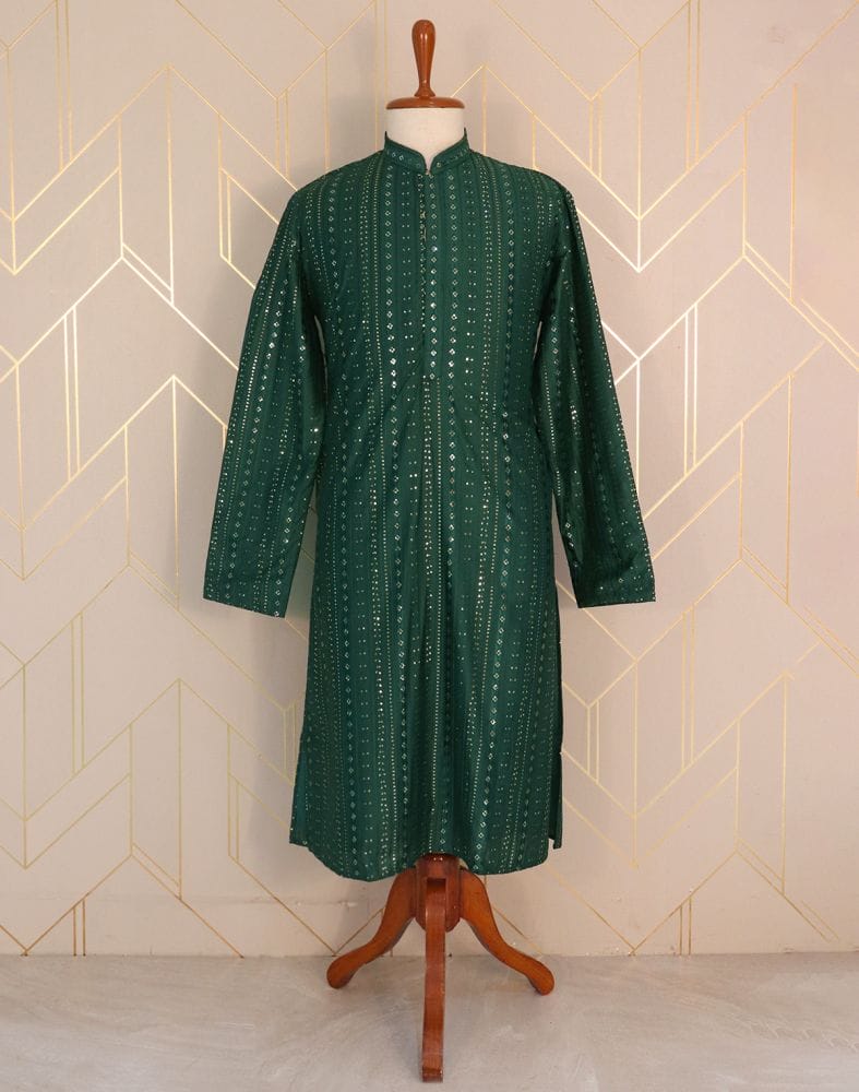 Dark Green Striped Raw Silk Embellished work Kurta Pyjama Set