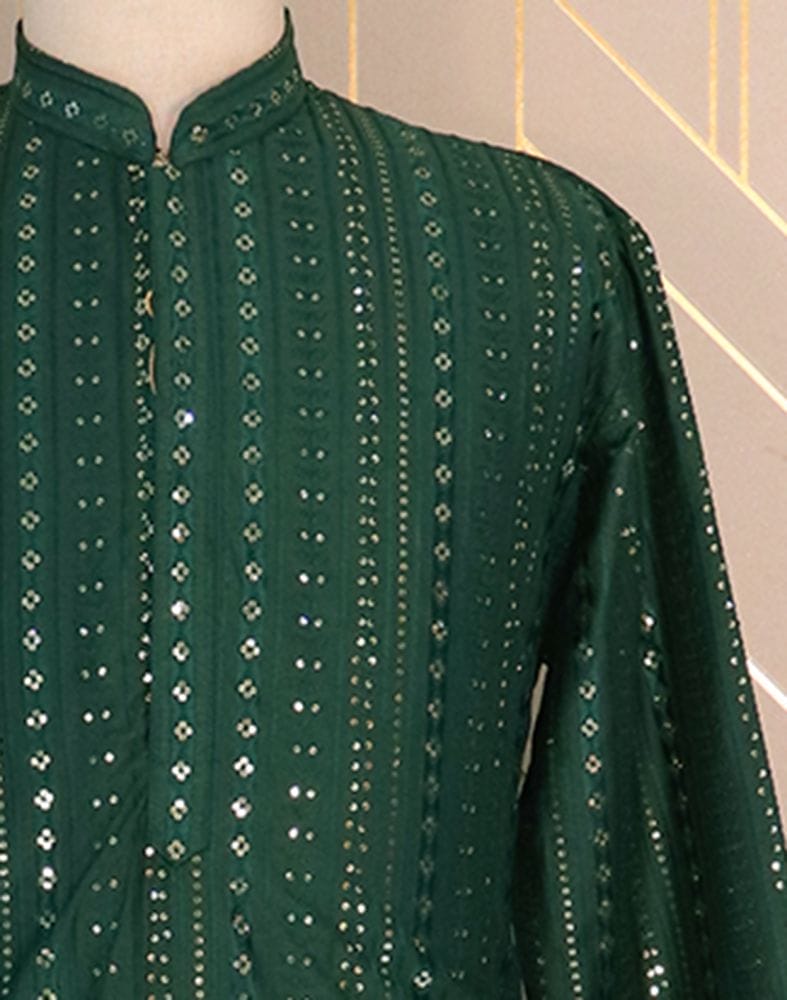 Collection of Dark Green Striped Raw Silk Embellished work Kurta Pyjama Set in a gallery layout