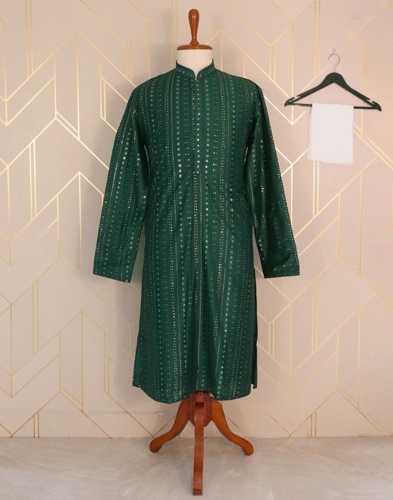 Dark Green Striped Raw Silk Embellished work Kurta Pyjama Set