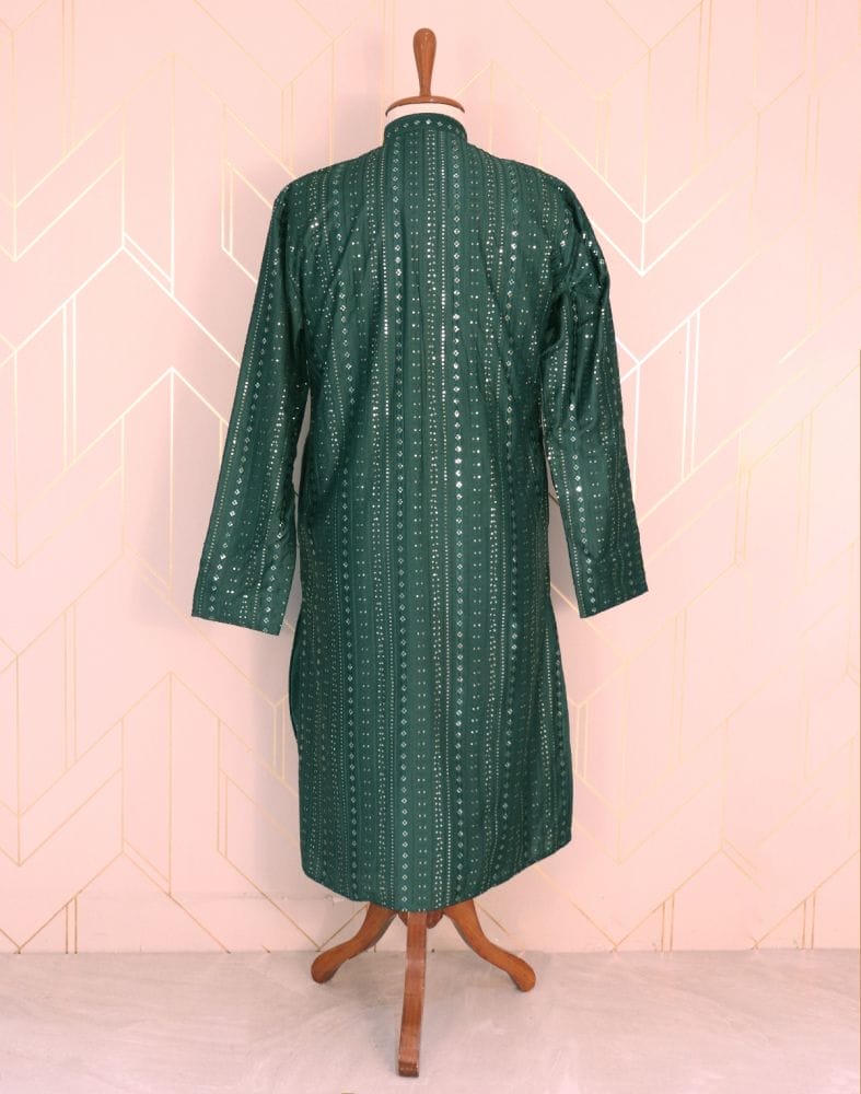 Collection of Dark Green Striped Raw Silk Embellished work Kurta Pyjama Set in a gallery layout