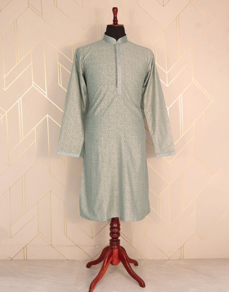 Collection of Grey Geometric Mica Print Cotton Kurta Pyjama Set in a gallery layout