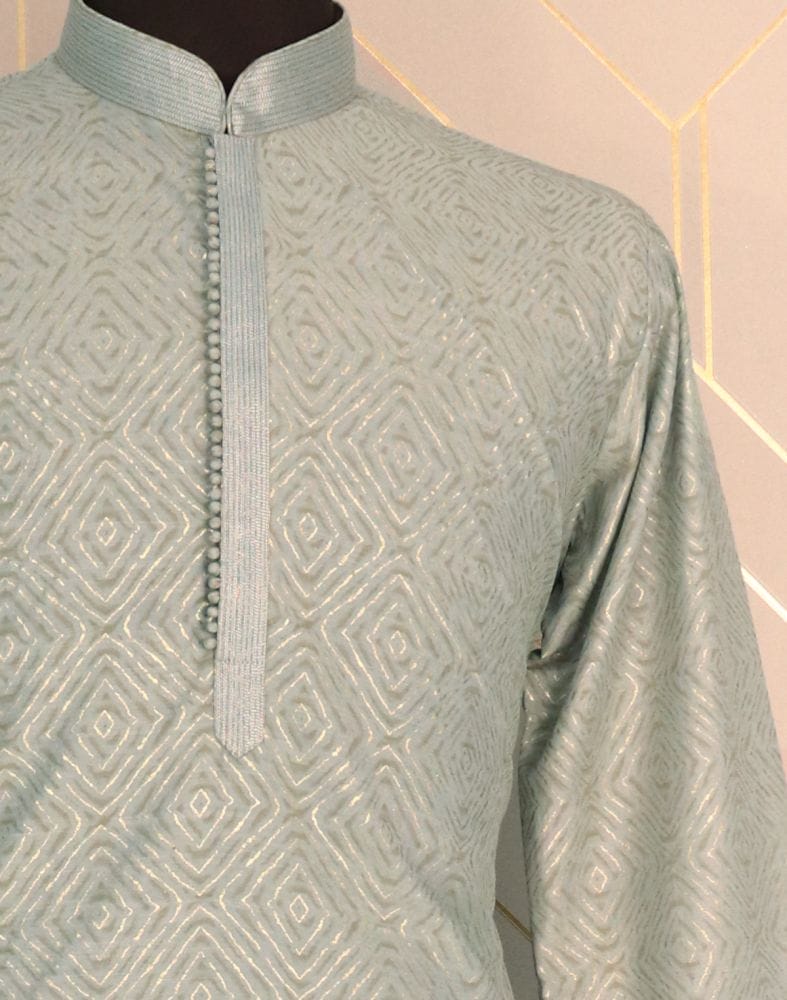 Collection of Grey Geometric Mica Print Cotton Kurta Pyjama Set in a gallery layout